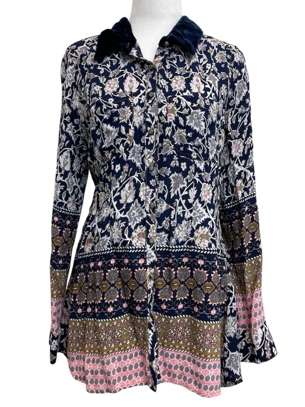 Aratta Silent Journey Blue & Pink Floral Dot Print Button Up Blouse